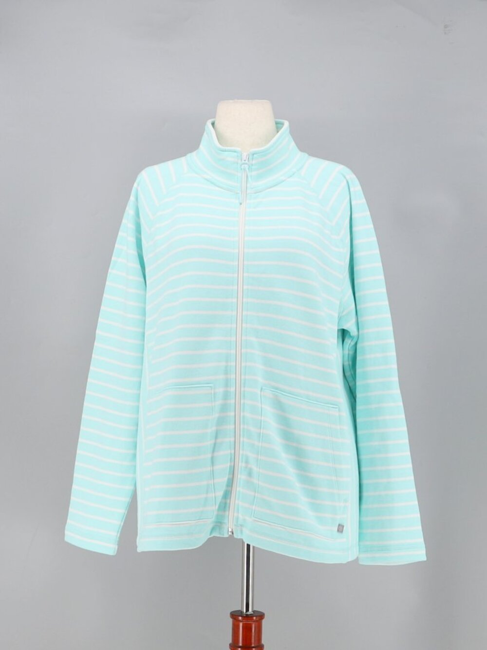 T By TALBOTS Cotton Terry Full Zip Jacket Aqua Blue & White Stripe Size XL